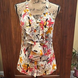 Cream and Pink Ruffled Tank Top with Tie Front